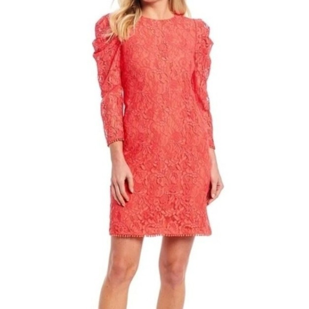 New Vince Camuto Dress Women's Size 10 Coral Lace Puff Sleeve Sheath Long Sleeve